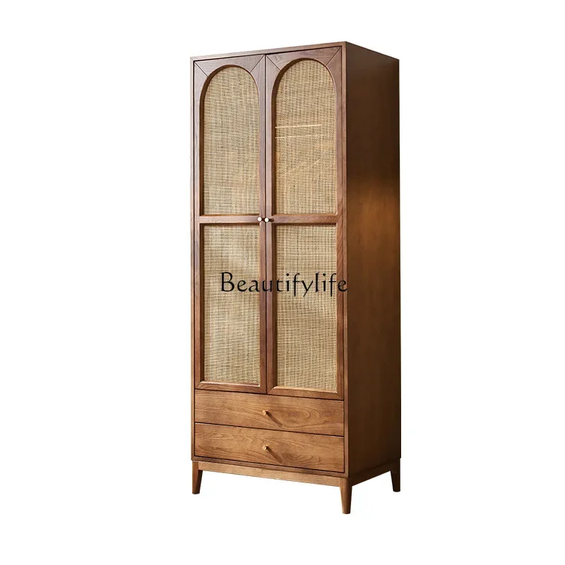 

Nordic solid wood rattan wardrobe Japanese retro locker modern simple storage wardrobe