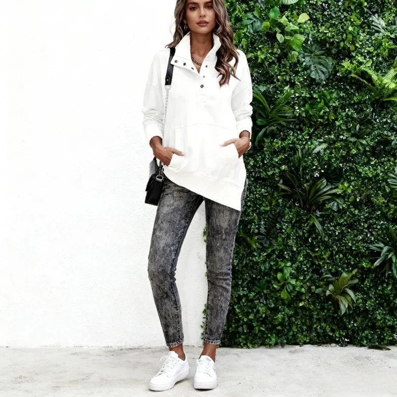 

2025 Autumn/Winter Solid Color Pocket Design Long Sleeve Button-Up Fashion Street Women's Hoodie