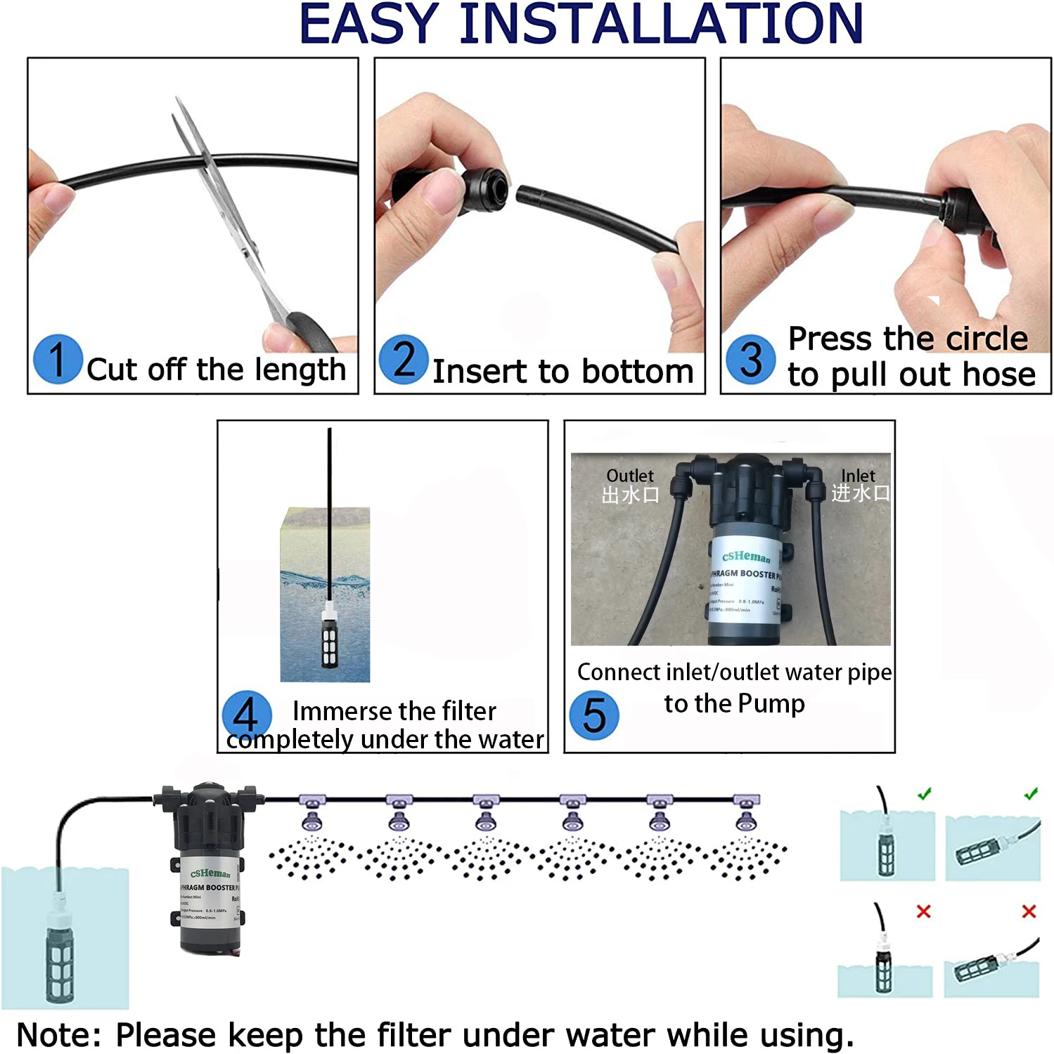 DIY 6-20M Outdoor Misting Cooling System Kit with Silent Pump ,Thread Brass Mister for Patio Garden Backyard