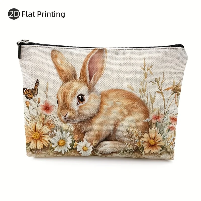 

ACharming Rabbit And Floral Print Makeup Bag- Multifunctional Zipper Pouch, Jewelry Storage Bag, Perfect Travel Zipper Small Sto