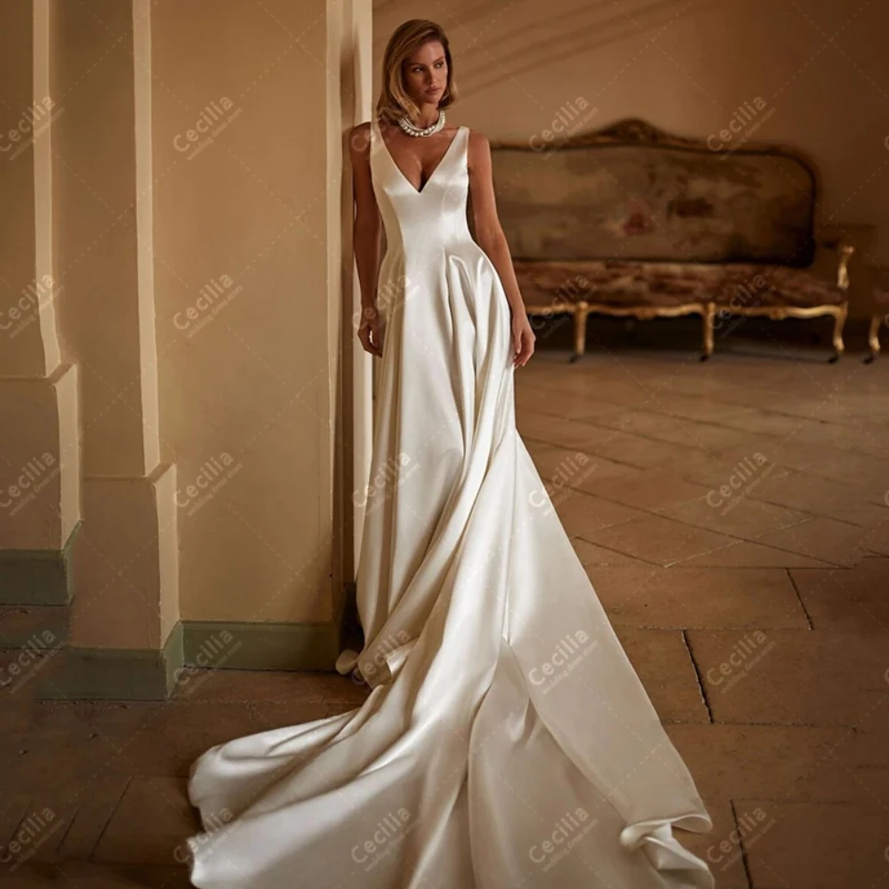 

Charming Wedding Dresses A-Line Bridal Gowns Satin Sleeveless Backless Robes Sweep Train Princess Graceful Vestidos De Novia