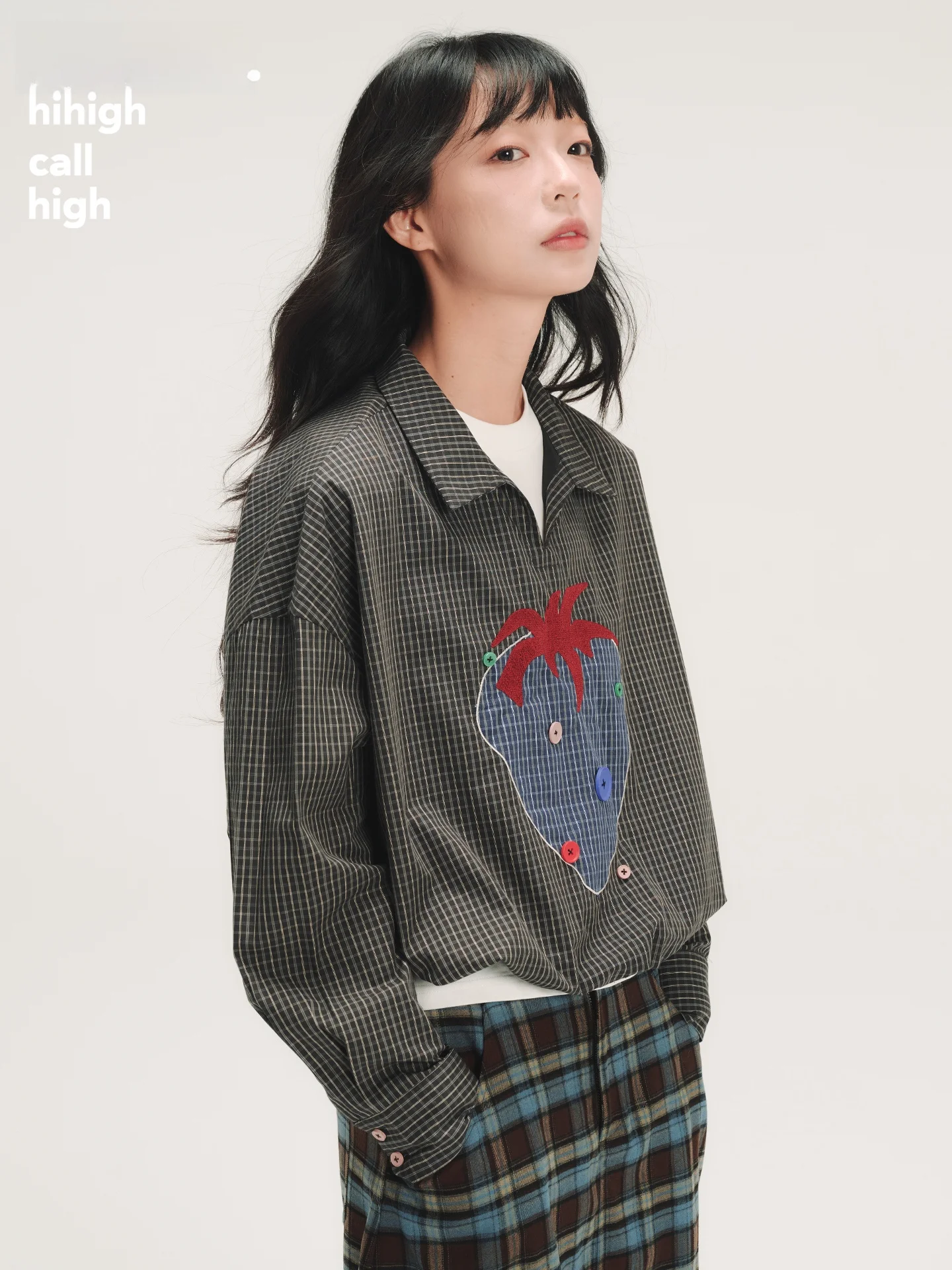 

Hand-Painted Stberry Plaid Color Blo Patchwork Embroidered Hem Bla Plaid Women's Casual irt Cotton Long Sve ort...