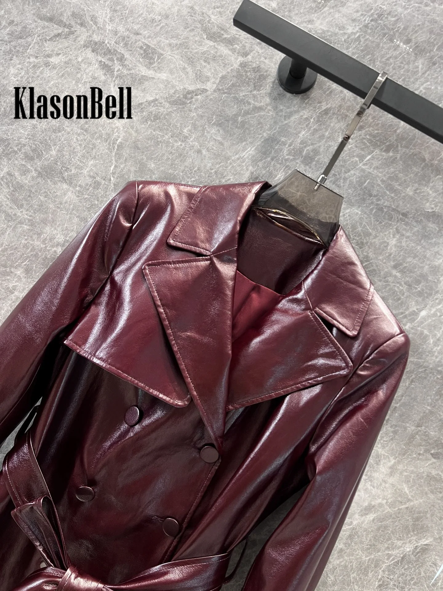 9.19 KlasonBell Women Clothes Vintage Pu Leather Sashes Mid-Length Trench Temperament Double Breasted Long Sleeve Outerwear