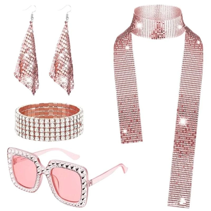 R1WE – ensemble déguisements Disco des années 70, chapeau scintillant, lunettes soleil longue écharpe,