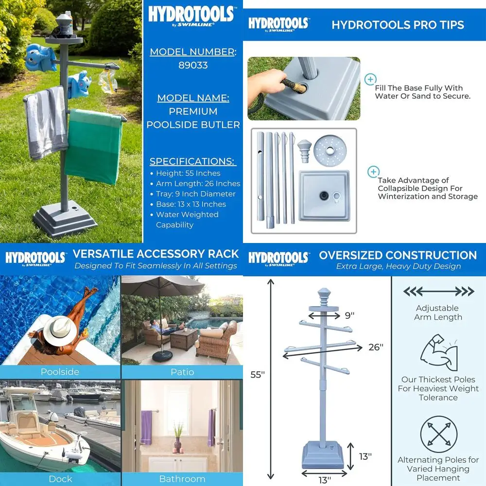 

Premium Adjustable Poolside Towel Rack with Water-Weighted Base and Three Arms for Secure Clip or Outdoor Patio Poolside Drying