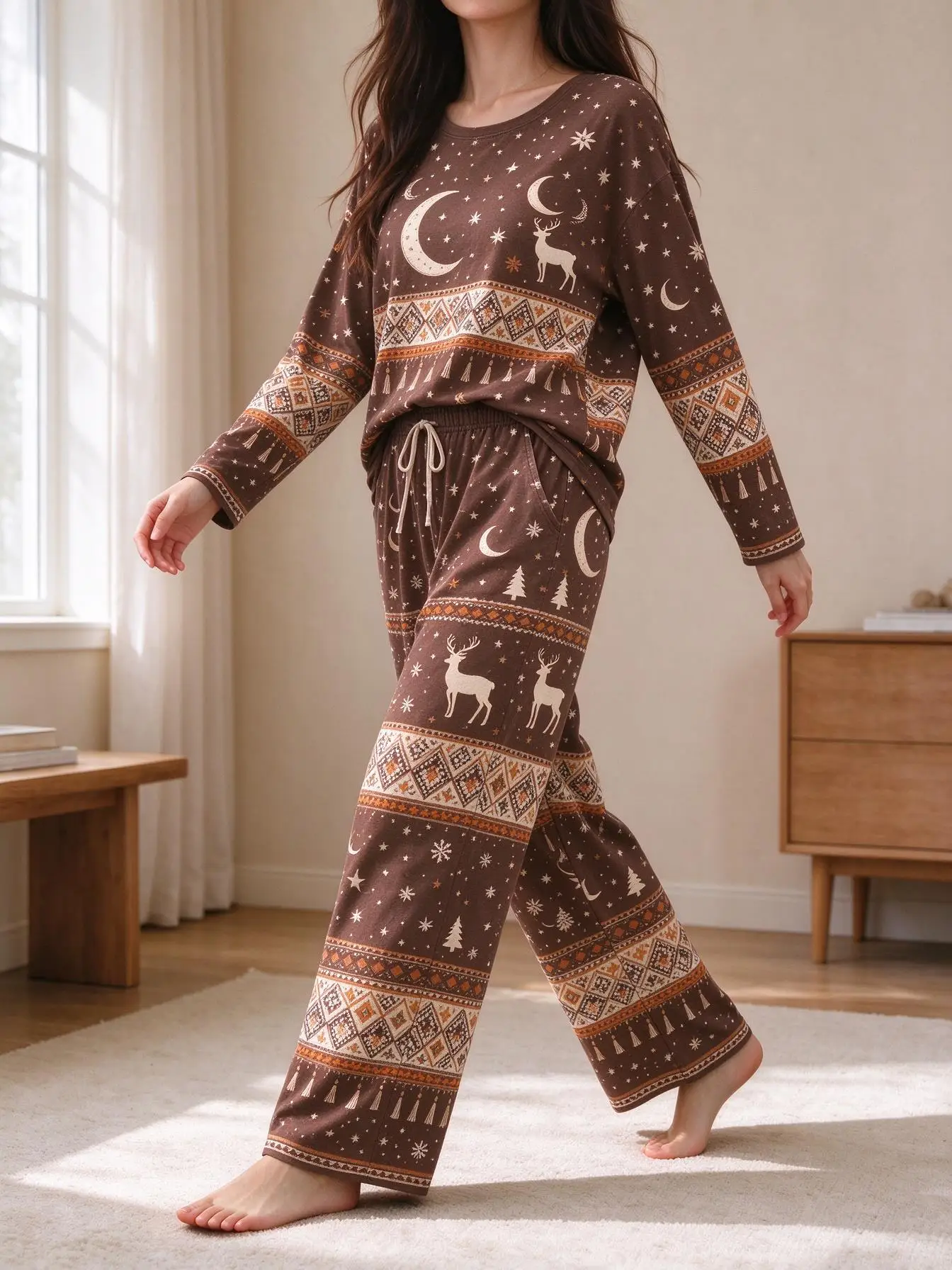 Women Imitation Cotton Loungewear Set Retro Boho Moon Reindeer Snowflake Tree Print Long Sleeve Wide Leg Pajamas