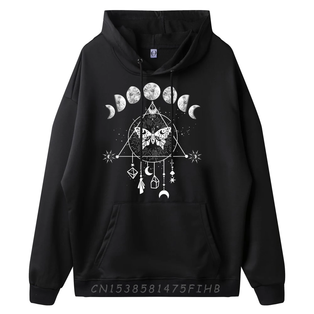 Male Long Sleeve Celestial Moon Phase Moth Crystals Sweatshrt Summer Hoodies Retro Normal Round Neck Hoodies