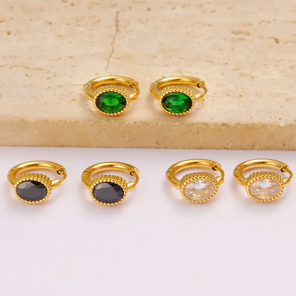 Pendientes de aro de acero inoxidable chapado en oro de 18K, aros de circonia cúbica Simple, blanco, verde, negro, geométrico brillante, AAA, bisutería antialérgica