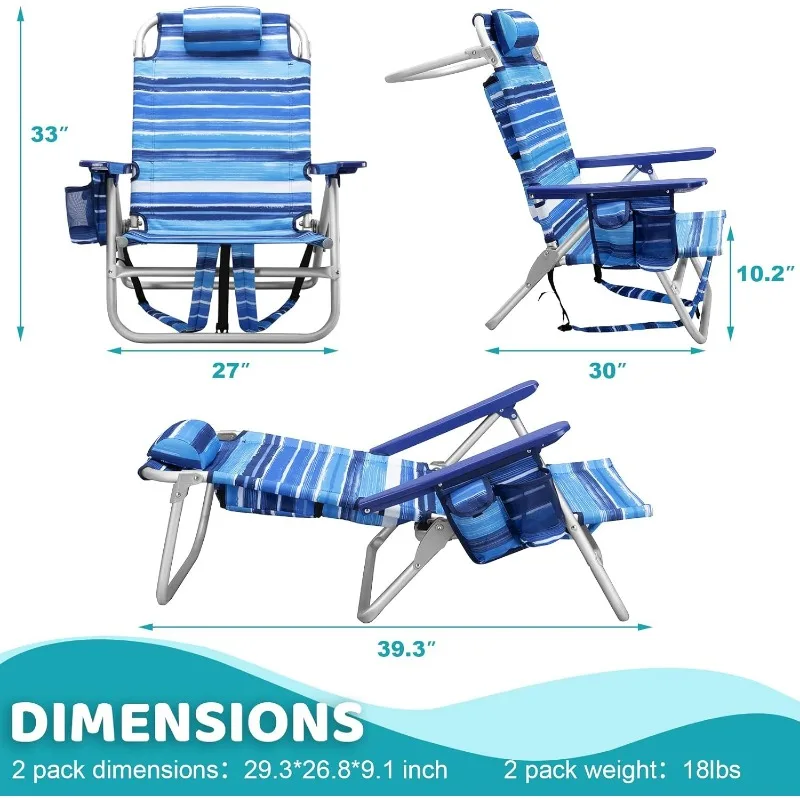 Backpack Beach Chairs for Adults,1/2 Pack Folding Heavy Duty Camping Chair with Large Pockets and Cup Holder,Adjustable high