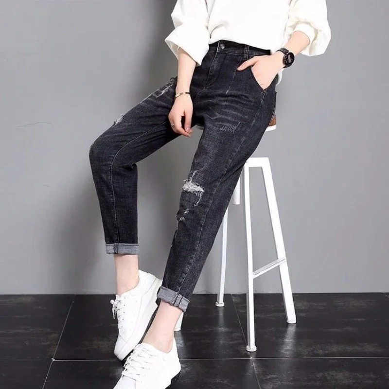 

Black Trousers Pipe High Waist Shot Women's Jeans Cropped Torn with Holes Pants for Woman and Capris Straight Leg Ripped Pockets