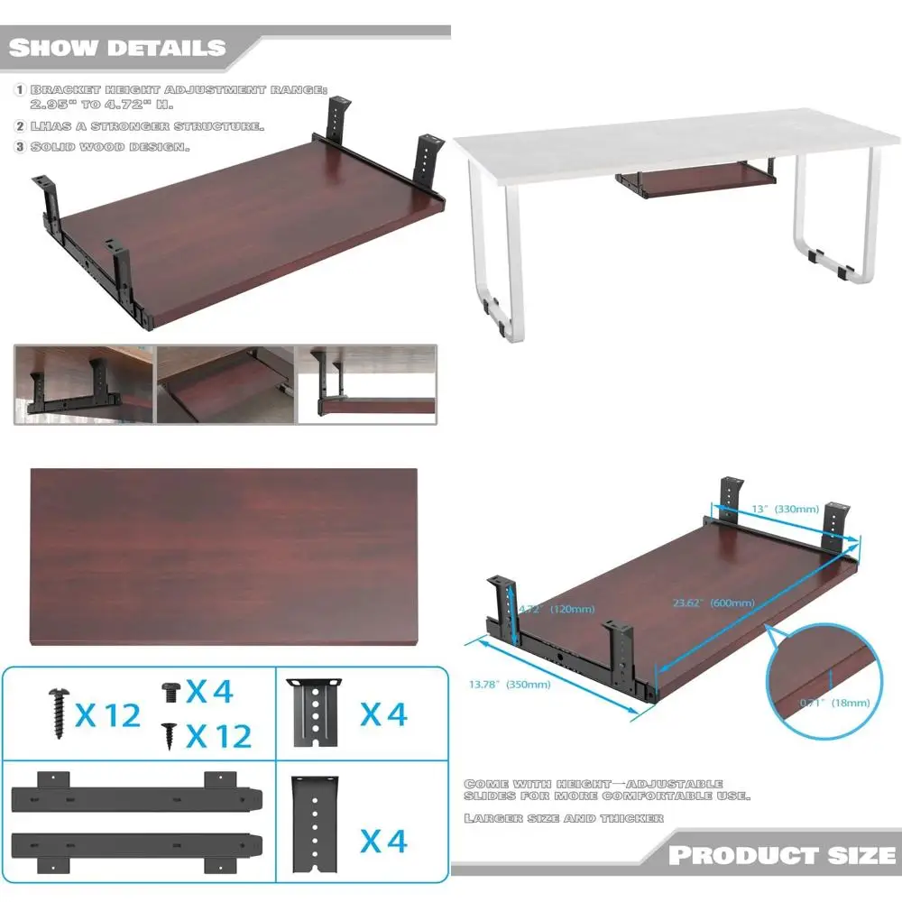 

Adjustable Mahogany Keyboard Tray with Drawer, 24 Under Desk Wood Holder for Office Accessories