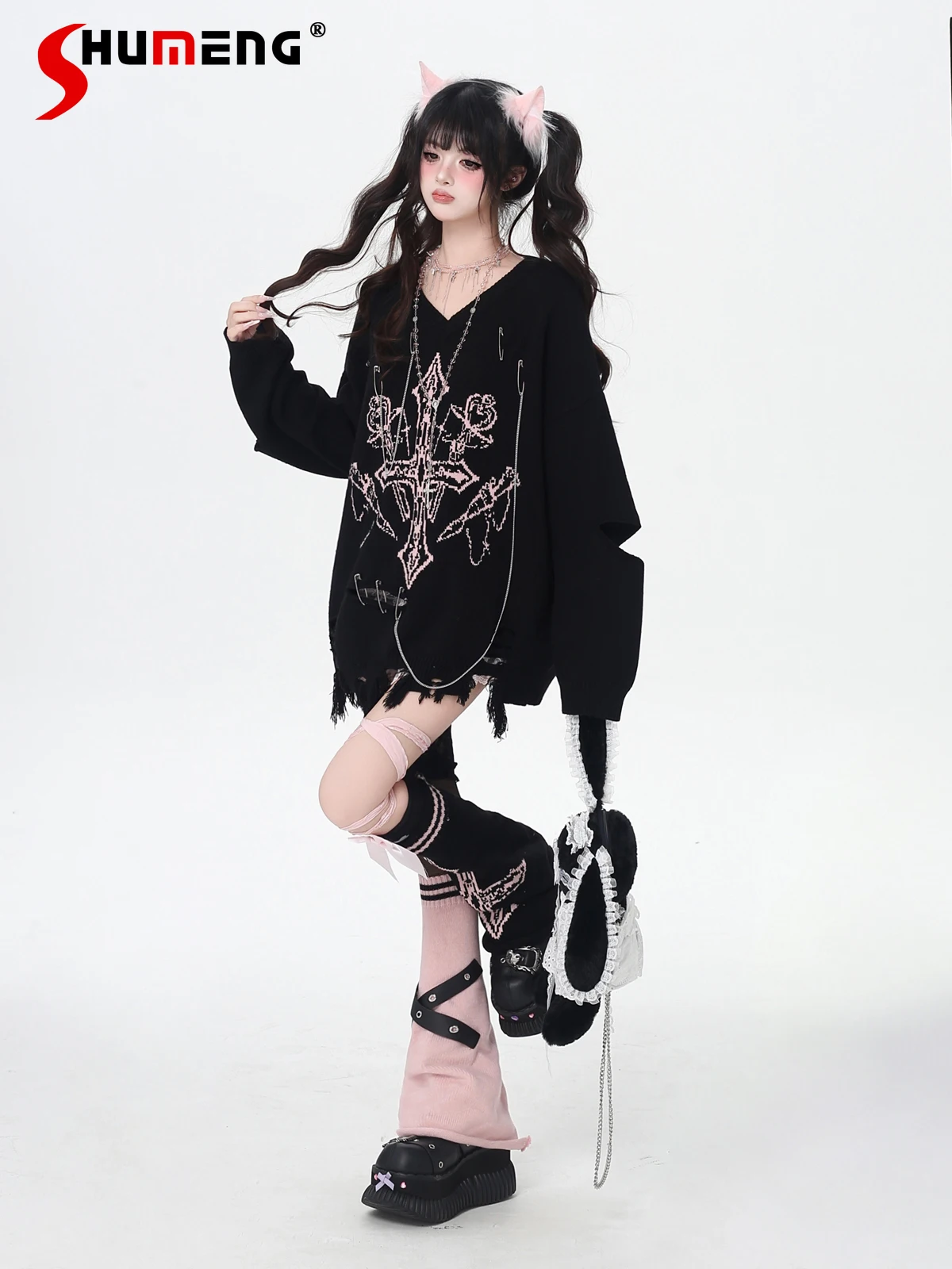 

Оригинальный готический субкультура, милый крутой вязаный топ для девочек с v-образным вырезом и длинными рукавами, свободный повседневный пуловер, женский осенний свитер