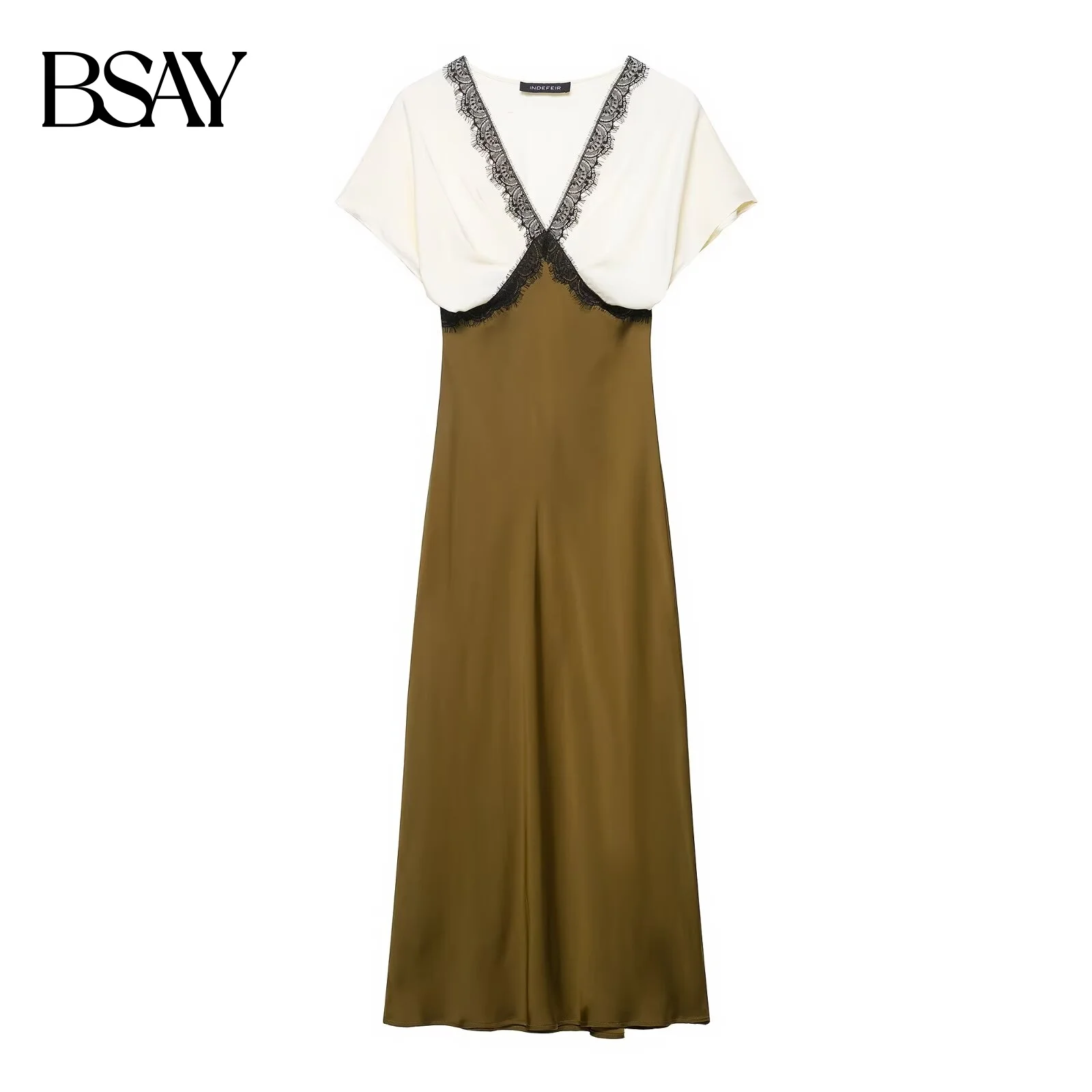 BSAY mujer cuello pico manga corta otoño nuevo artículo 2025 encaje contrastante textura de seda vestido MIDI vestido largo de noche francés