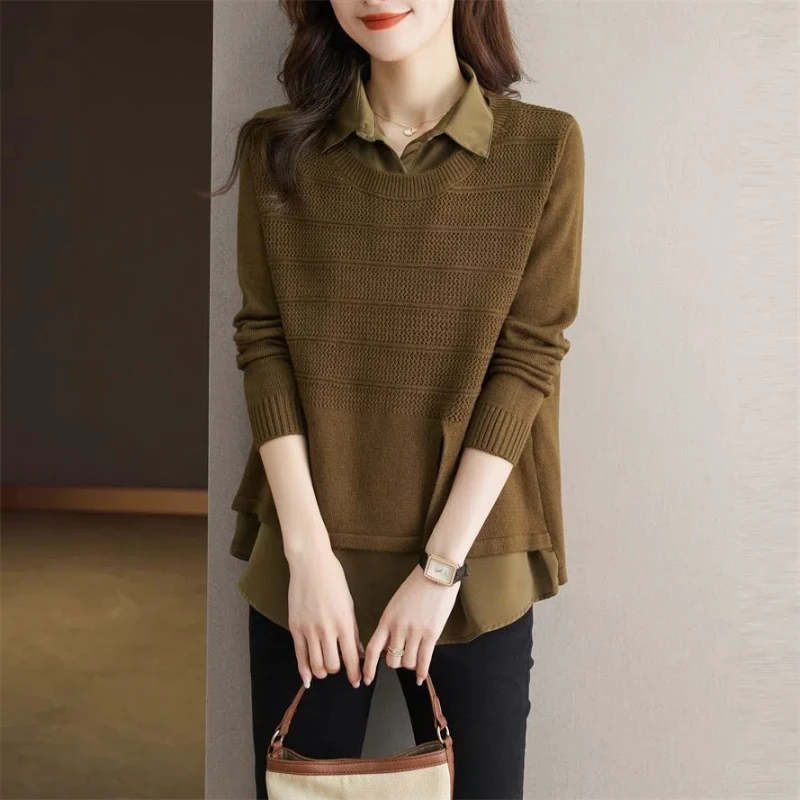 Fake Two-piece Spliced Knitted Shirt for Women 2024 Spring Autumn New Chic Casual Top Design Sense Niche Long Sleeved Shirt