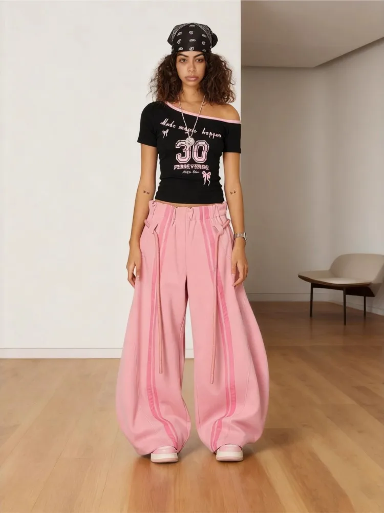 여성용 봄 컬러 블록 스트리트 스타일 레이스업 플로어 모핑 시미타 팬츠 2026