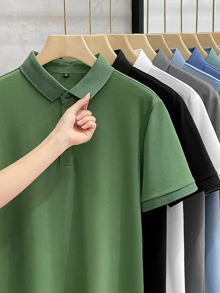 High Quality Ice Silk Solid Color Polo Shirt Men\'s Summer Thin Lapel Top Breathable T-shirt Short Sleeved Shirt Streetwear