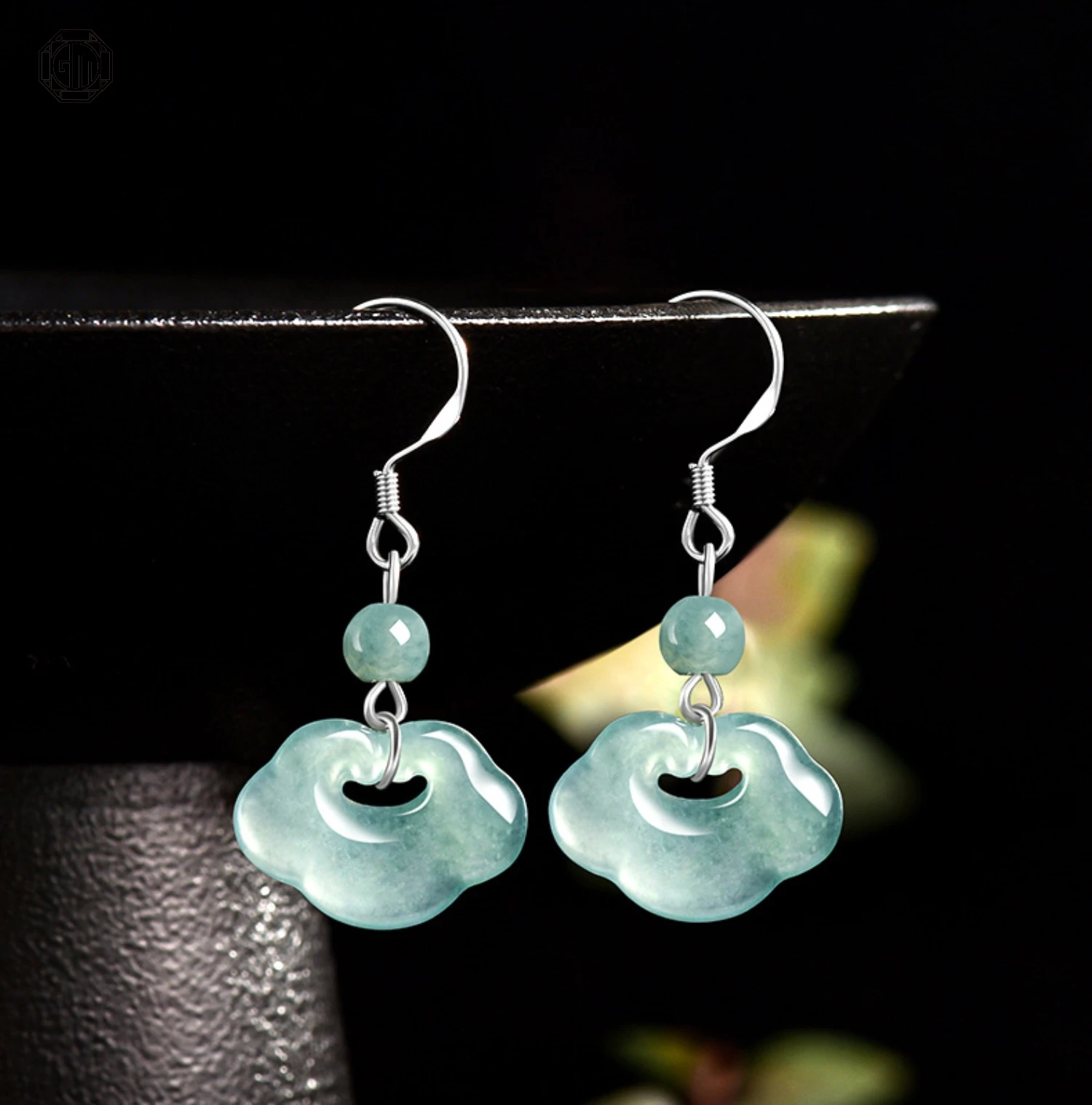 

Natural Type A Jadeite Blue Water Ruyi Earrings 925 Silver Setting Icy Type Ancient Style Dangle Drop for Women Jade Ear Jewelry