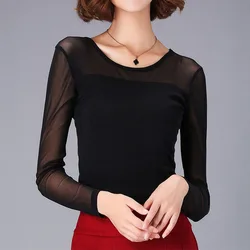 Women Sexy T-Shirts Long Sleeve   Spring Autumn Thin Mesh Pullover Tops Elegant Bottoming Shirts Solid Color Female Slim Tees
