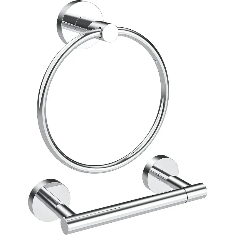 

Polished Finish Toilet Paper Holder & Towel Ring SUS304 Stainless Steel 2pc Bathroom Hardware Set with Double Post