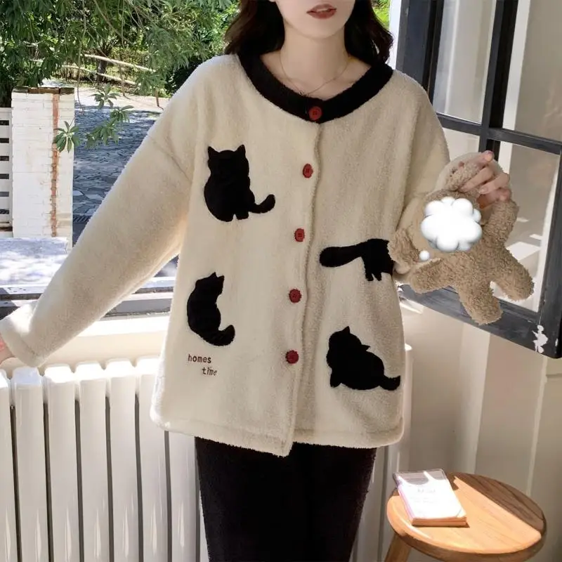 Nuevo Conjunto de pijama de lana Coral para mujer, ropa de dormir cálida y holgada de media pila, ropa de casa cómoda y cómoda de Color sólido para invierno