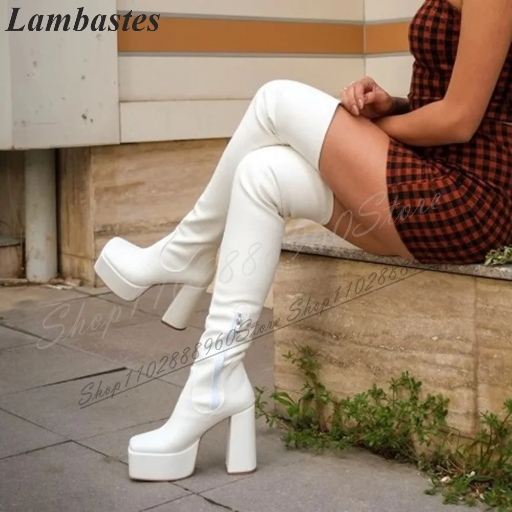 

Solid Thigh High White Leather Platform Boots Chunky High Heel Women Shoes Side Zipper Square Toe 2024 Fashion Zapatillas Mujer