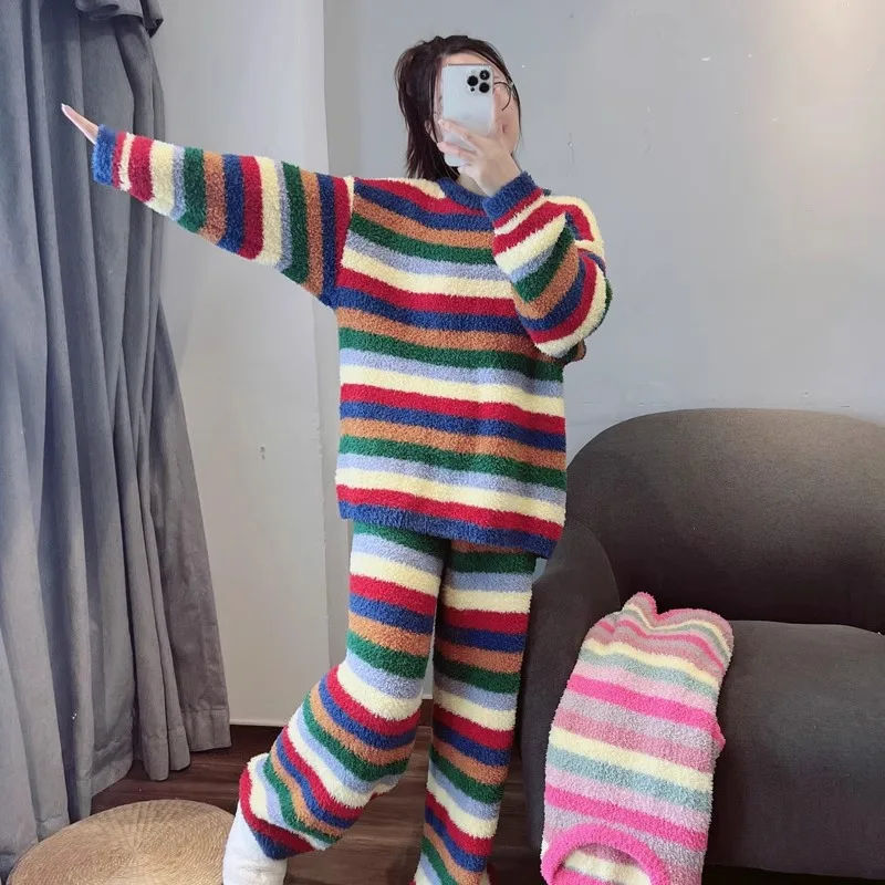 

Осенне-зимние новые женские бархатные пижамы Bebe в радужную полоску, домашний костюм, студенческий костюм для девочек, утепленный и мягкий домашний костюм