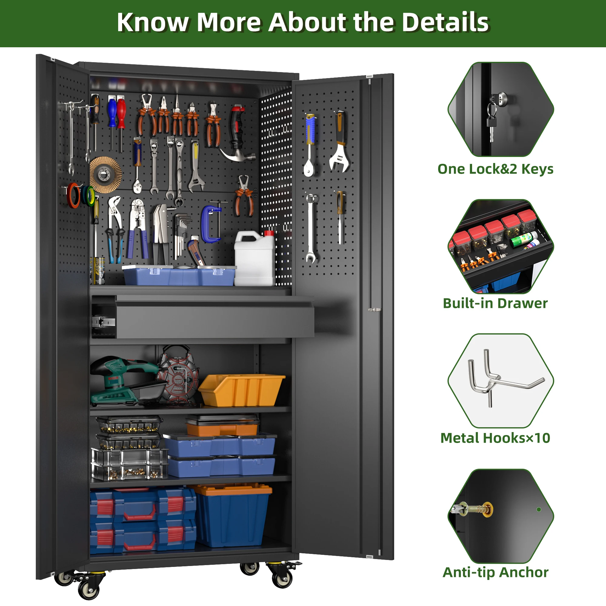 Aobabo Garage Storage Cabinet with Wheels,72" H Metal Storage Cabinet with 2 Doors and 4 Adjustable Shelves for Garage Home