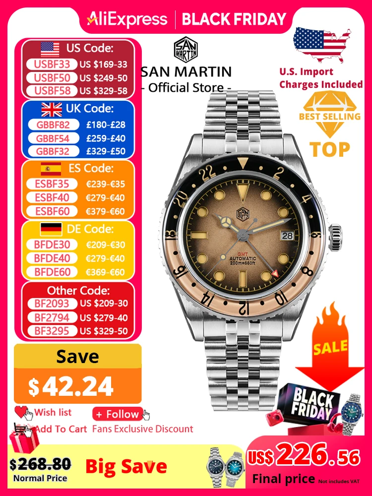 

San Martin 2025 Мужские часы Ретро NH34 GMT Сэндвич-циферблат 40 мм Двунаправленный сапфировый безель Роскошные спортивные часы 20 бар SN0134