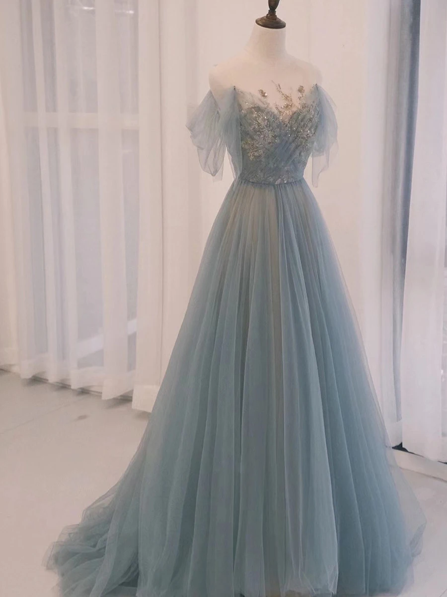 

A-Line Prom Formal Evening Dresses Elegant Tulle & Pleated Ladies Sweetheart Short Sleeve Back Zipper Floor Length Prom Dress