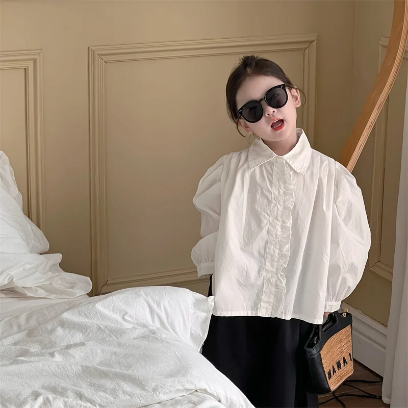 

Korean Children's Clothing 2022 Autumn New Girl's Shirt Black and White Two-color Puff Sleeve Lapel Shirt Long Sleeve