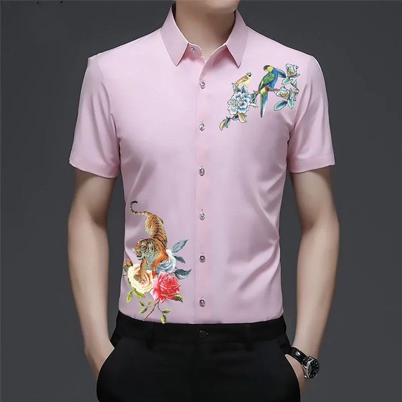 Korean Fashion Summer Men\'s Square Collar Printing Single Breasted Contrast Color Casual Versatile Short Sleeve Loose Shirt Tops