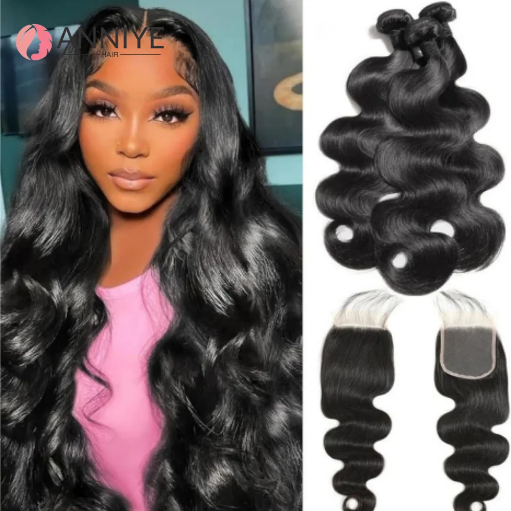 

Bundles With Closure Human Hair Body Wave 100% Brazilian Virgin Hair Extension 3 Bundles With 4x4 Lace Closure Natural Color