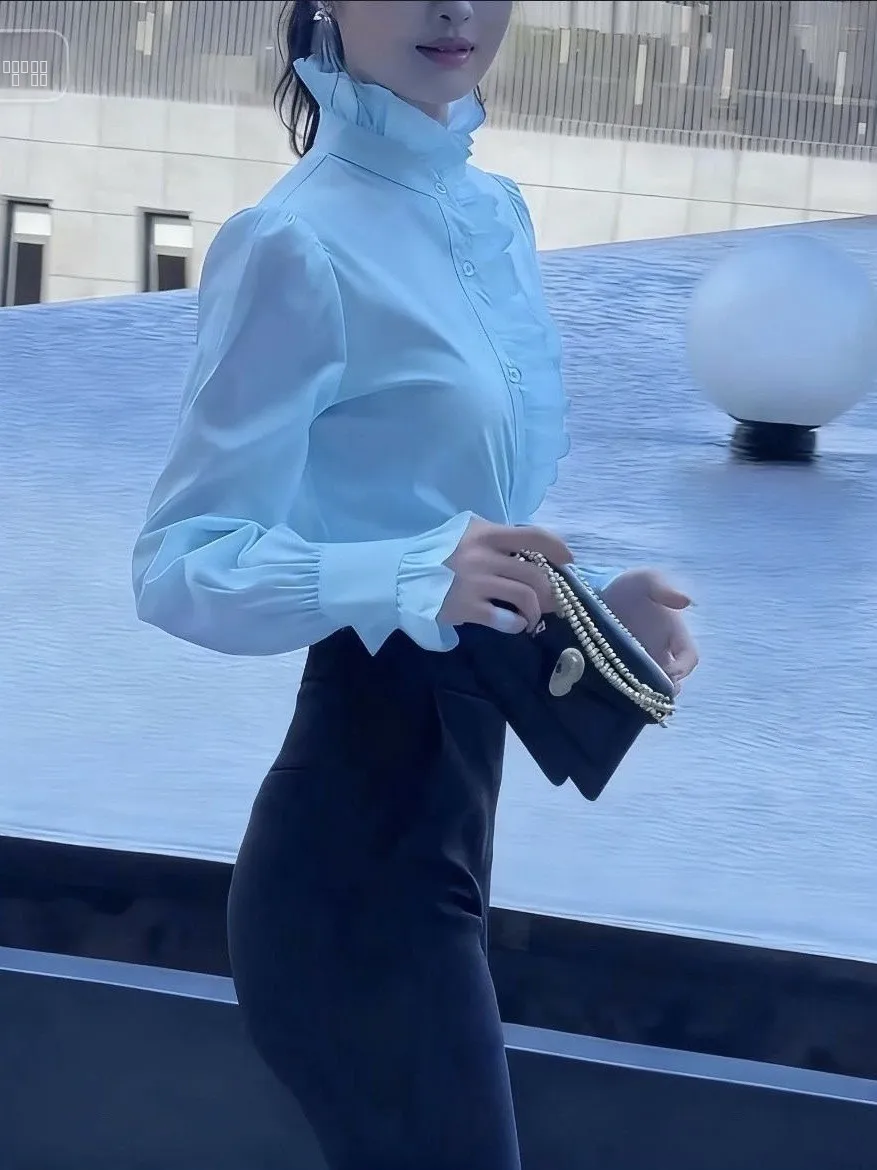 

Ele Pure Color Long Sve irt Design Sensation Spring New Sle Korean Version Versatile Small Top Wood ain Trendy