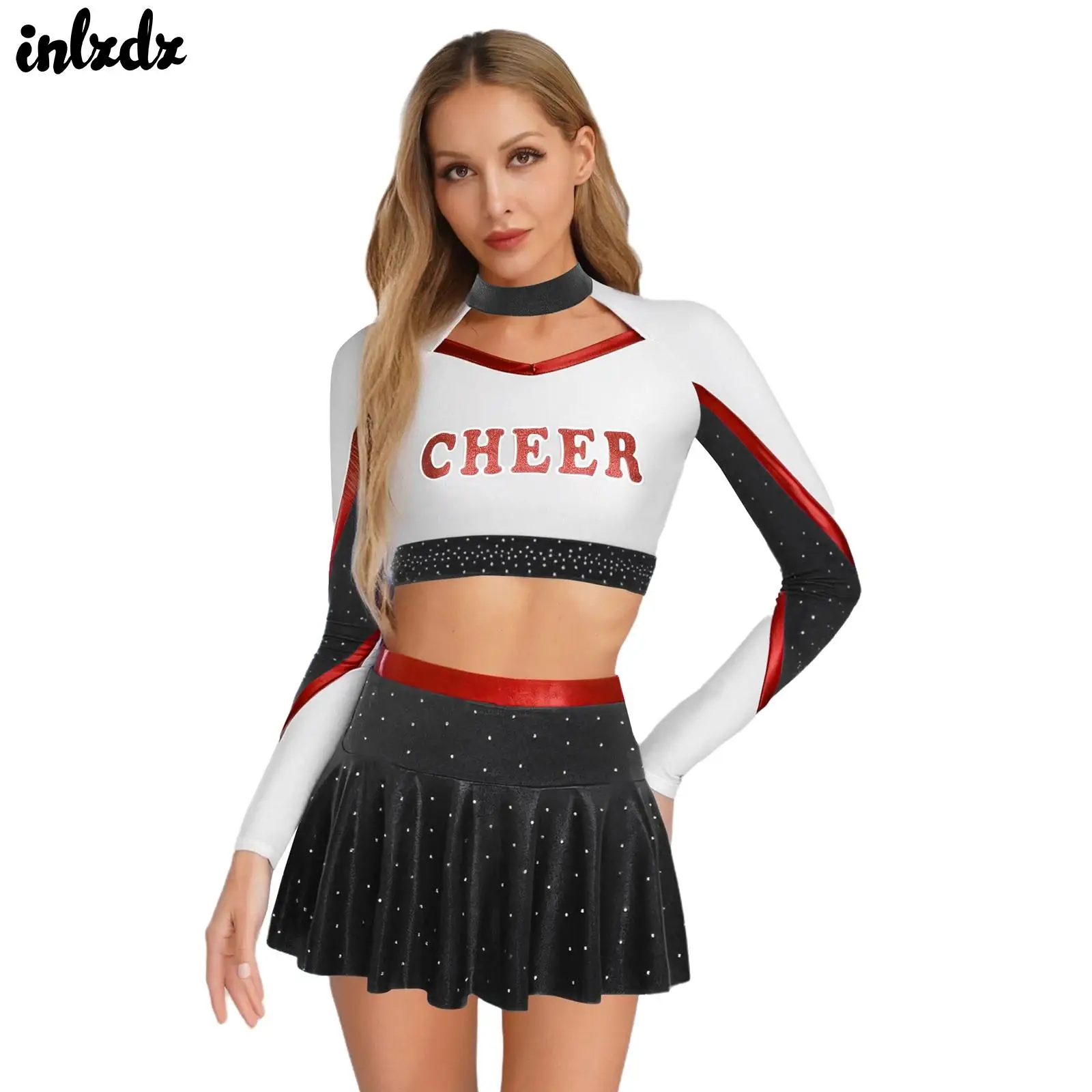 

Womens Cheerleading uniform Schoolgirl cosplay costume cheerleader dance outfits Metallic Shiny Crop Top And A-line Miniskirt
