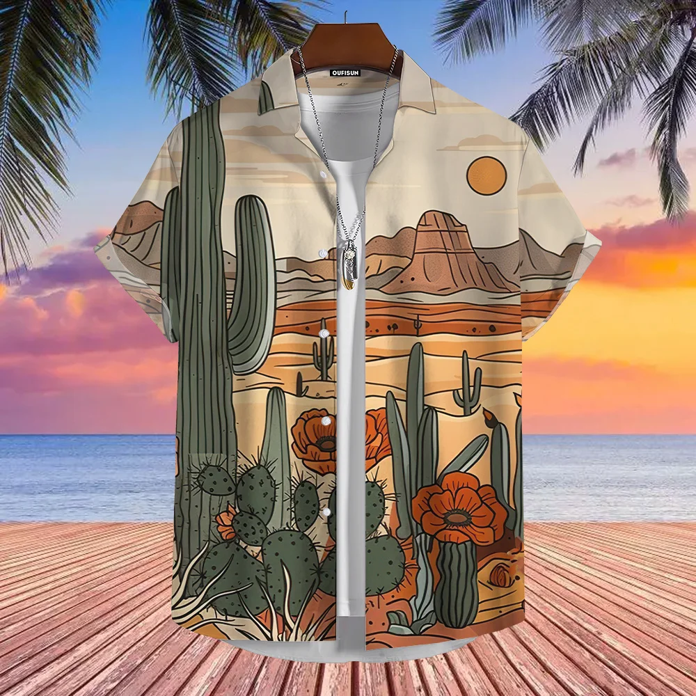 Desert Cactus Shirt For Men 3D Print Summer Hawaiian Harajuku Fashion Shirt Top Blouse Short Sleeves Street Vacation Beachwear