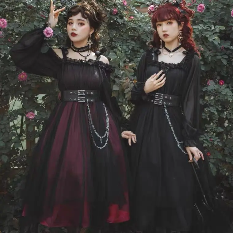 Girl Killer Dark Goth OP Court Style Lolita Lace Gauze Dress  With Long Sleeves And One Shoulder