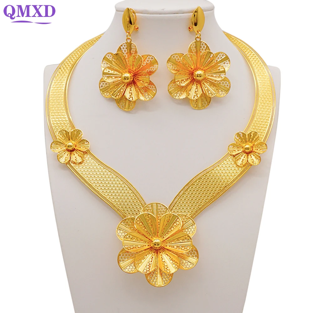 

Trendy Dubai Gold Color Jewelry Sets For Women Wide Collar Yellow Big Flower Pendant Necklace & Earring Sets Party Banquet Gifts