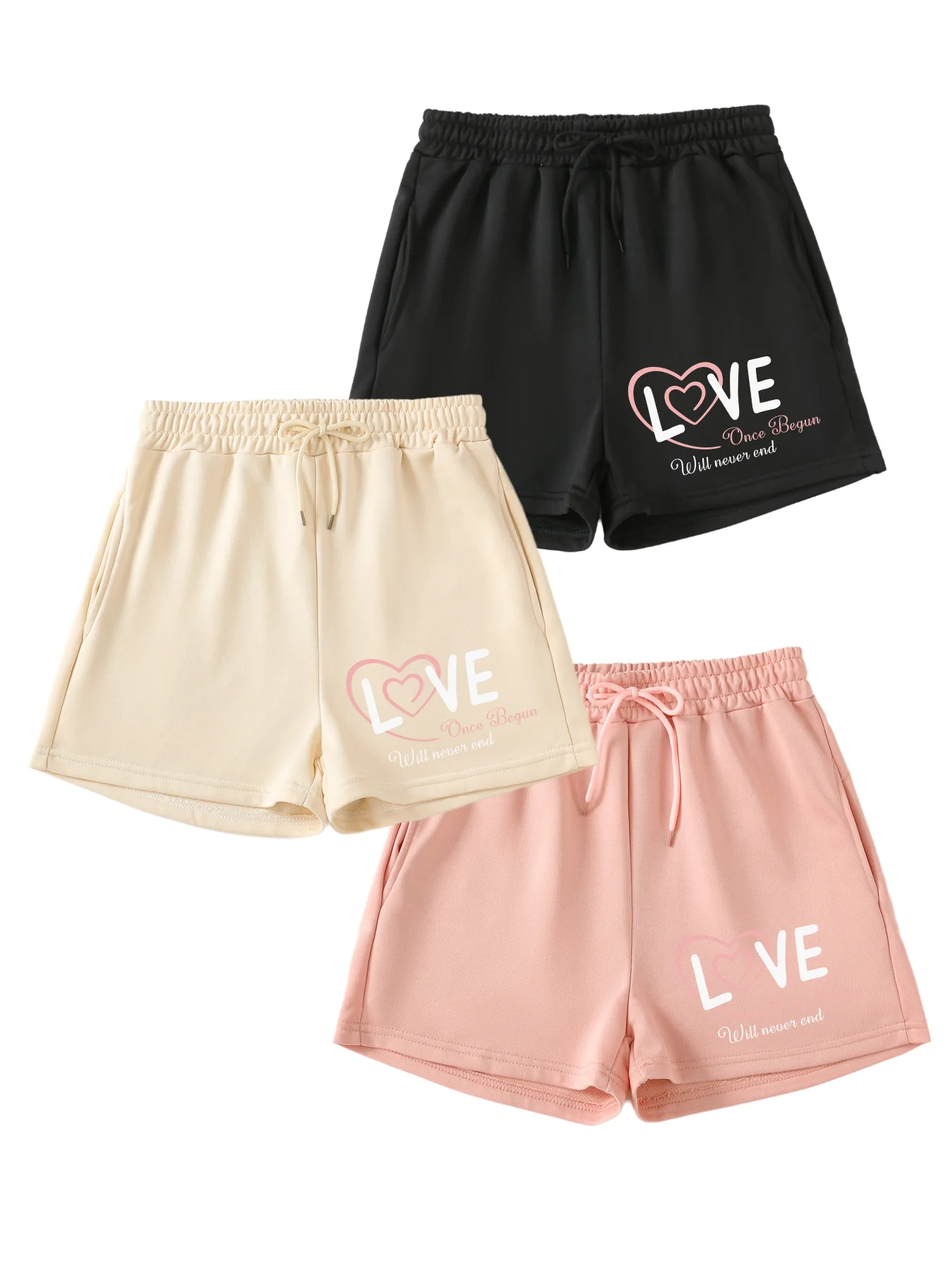

Set of 3 standard women's casual sports print shorts with pocket rope casual sports jogging bottoms