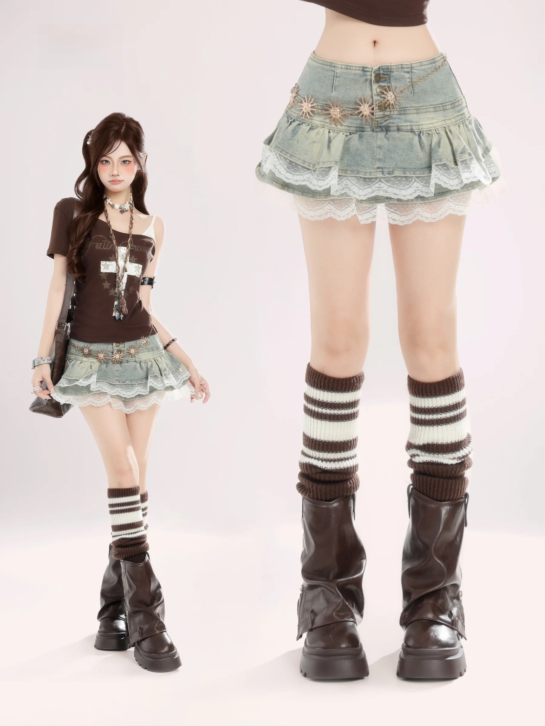 

Американская летняя женская юбка А-силуэта с кружевной отделкой, укороченная, пышная, для повседневной носки, без застежек