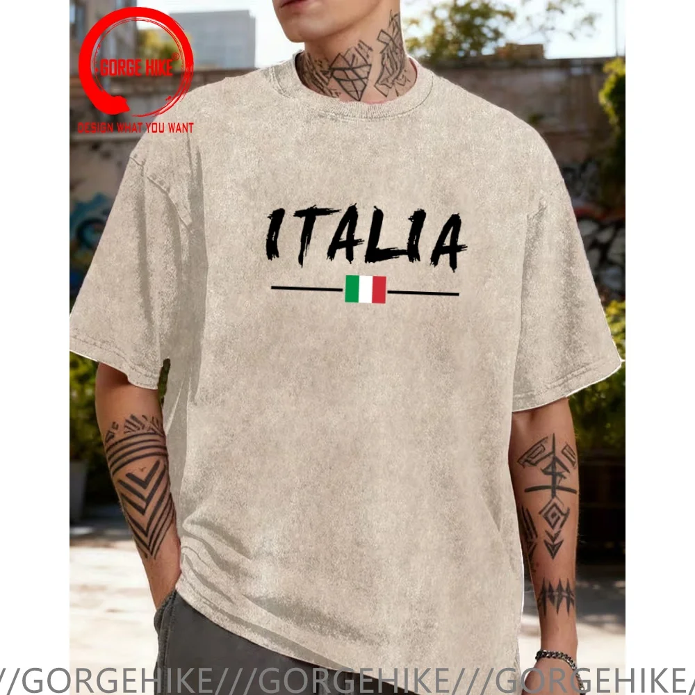 Vintage Washed Cotton T-Shirt Funny Designer Italy Italia Italian T Shirt Men Fashion Trendy Casual Clothing Stylish Tops Tees