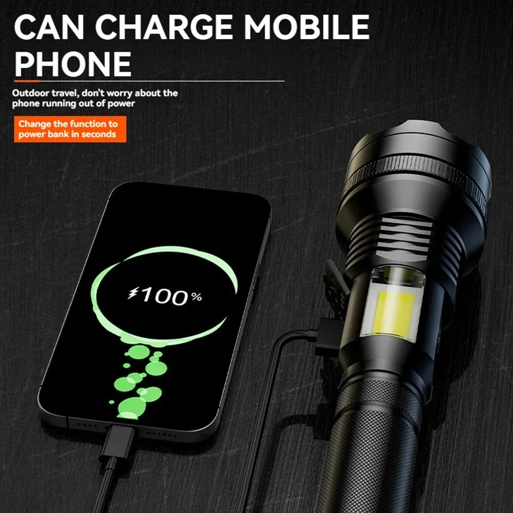 High Power LED Flashlight USB Rechargeable Zoomable Lantern Lamp With Side COB Strong Light Tactical Torch Long Range Spotlight