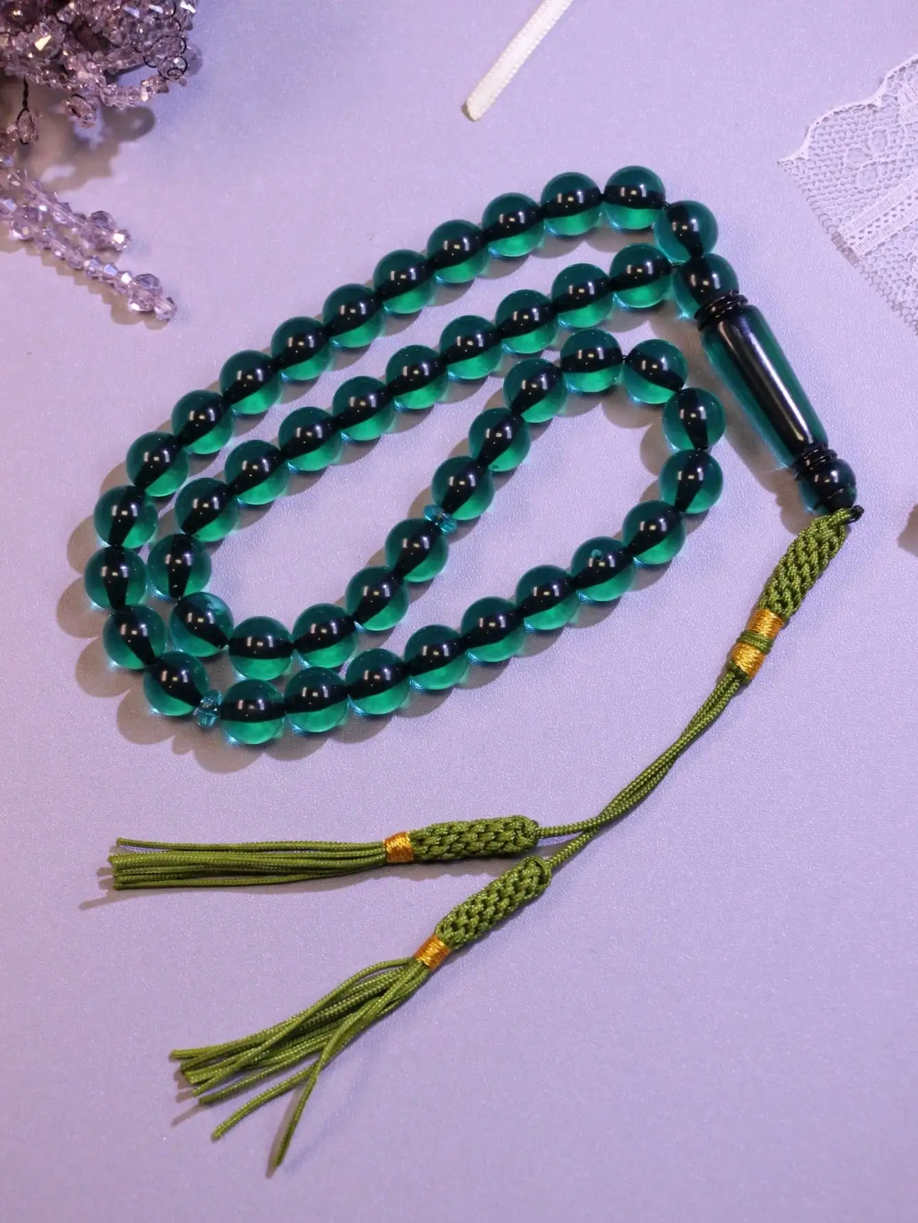1PC Crystal Green 45Pcs 10mm Tassel Pendant Islamic Prayer Beads Resin Hand Woven Muslim Tasbih Perfect for Eid al-Fitr Ramadan - view 6