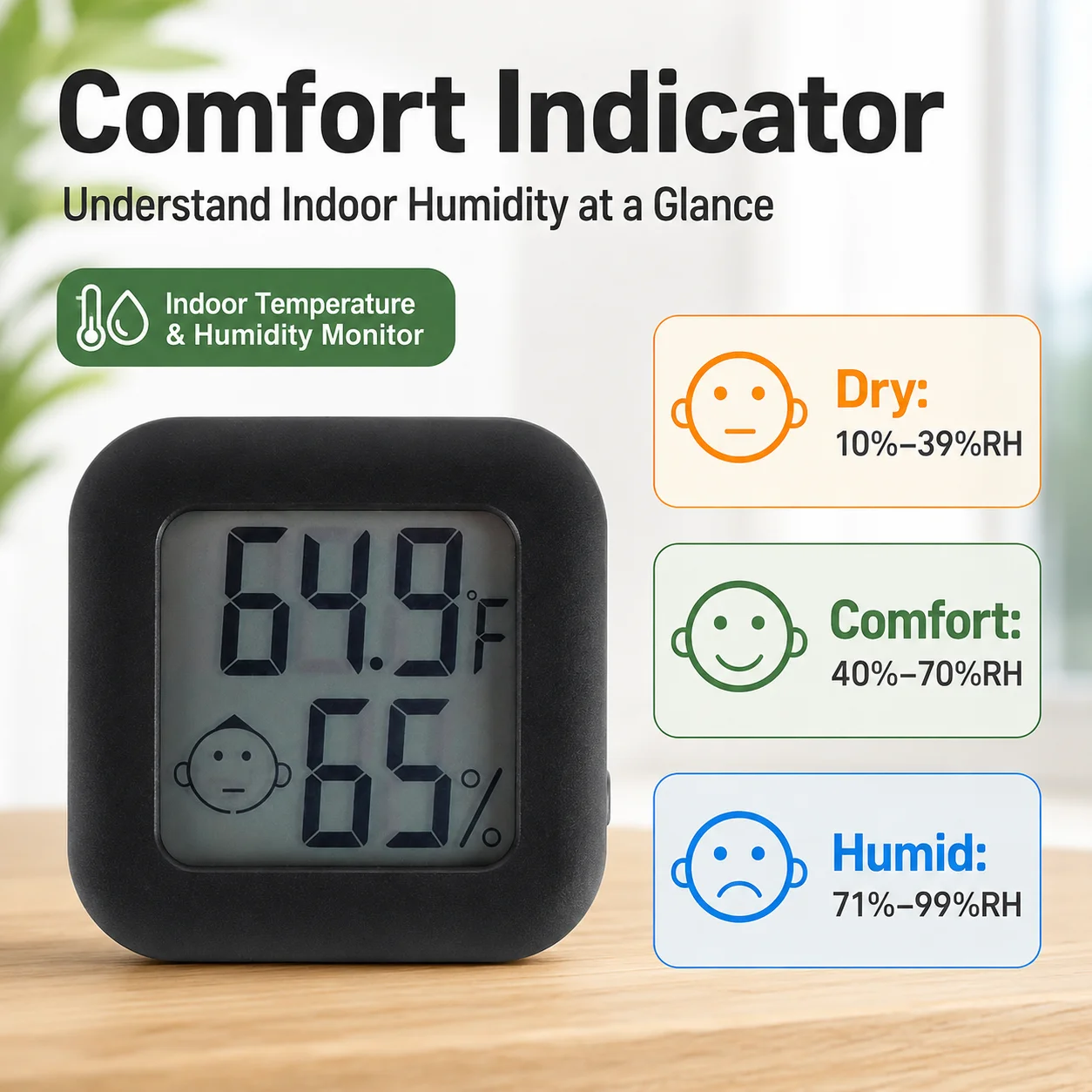 Mini Digital Thermometer Hygrometer Indoor Temperature Humidity Meter with Comfort Face, °C/°F Display, Magnetic Adhesive Stand