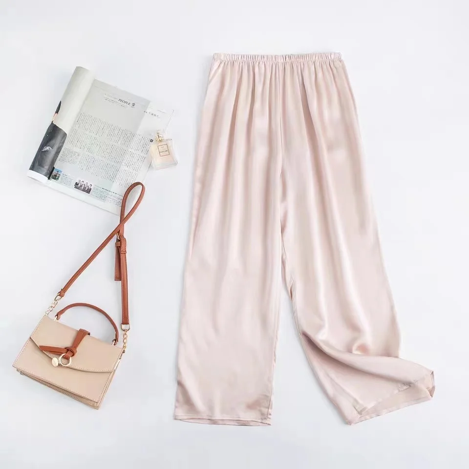 Women 100% Pure Mulberry Silk Charmeuse Silk V Neck Pajama Set Casual Loose Sleepwear Nightwear L XL SQ001