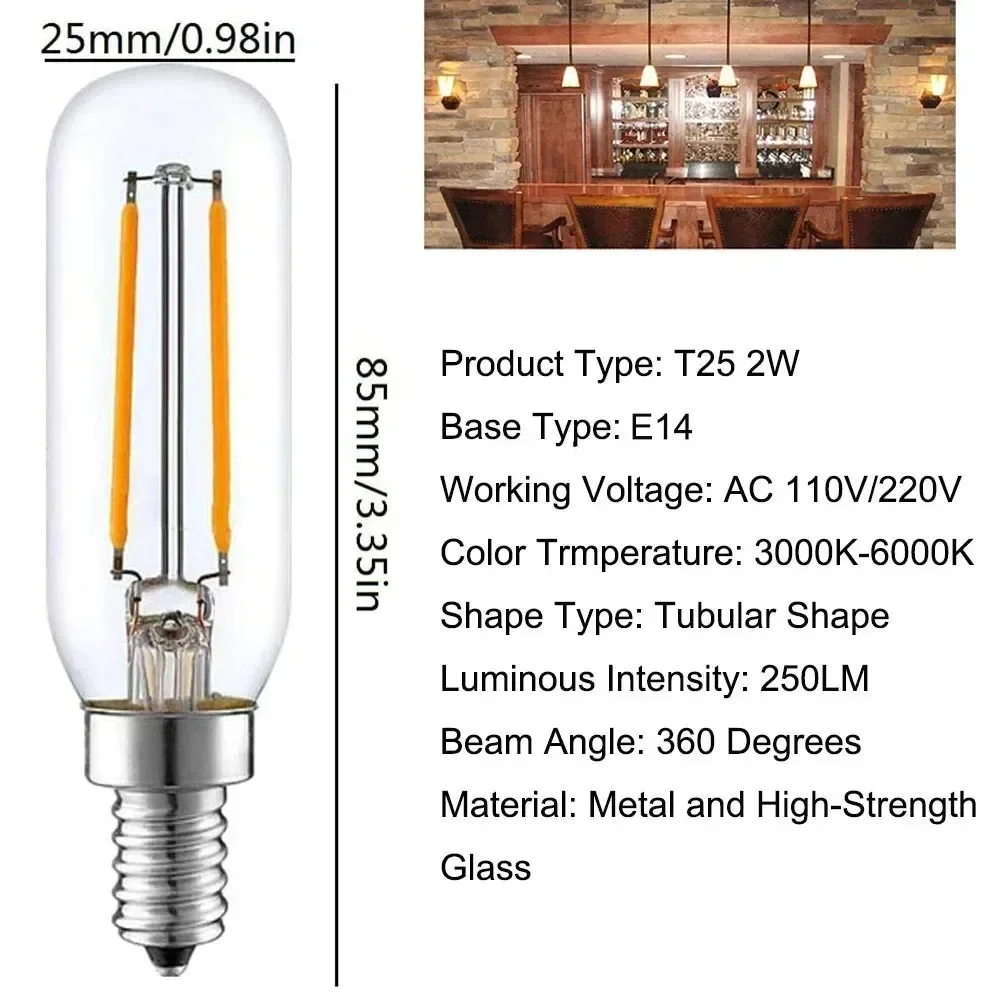 Melery E14 Filament LED Light Bulb Candelabra 2W T25 Edison Screw Warm/Cold White Lamp 25/60W Equivalent 110V Home Office 3Pack