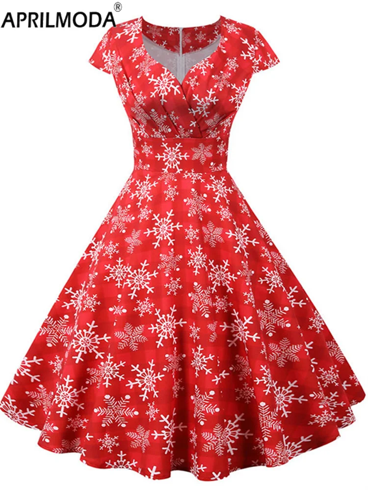 Robe de soirée de Noël pour femme, manches courtes, col en V, imprimé vintage élégant, Noël, nouvel an, Rh, robe d'été, balançoire des années 50, 3XL, 2024