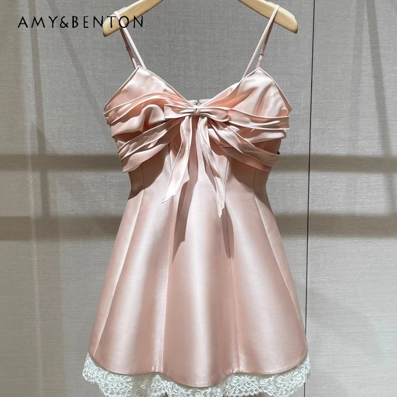 

2026 Spring New Pink Women's Sling Dresses Original French Unique Design 3D Bow Lace Splicing Temperament Evening Dress Ladies