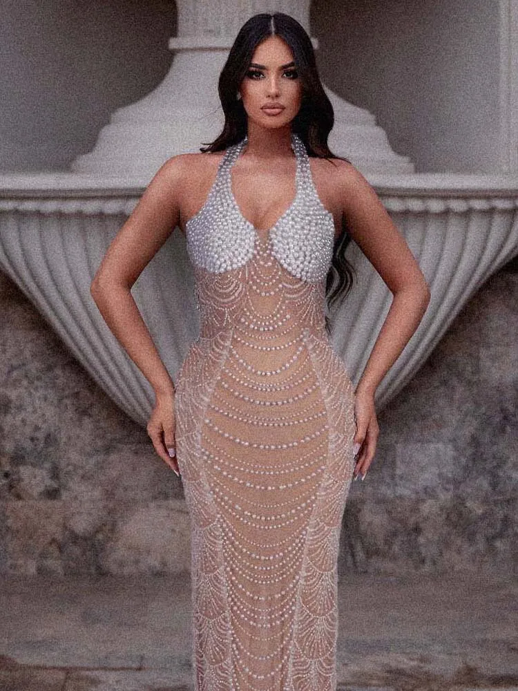 

Women Elegant Halter-Neck Sheer Gown with Pearl Embellishments Backless Sleeveless Lace Prom Long Dress
