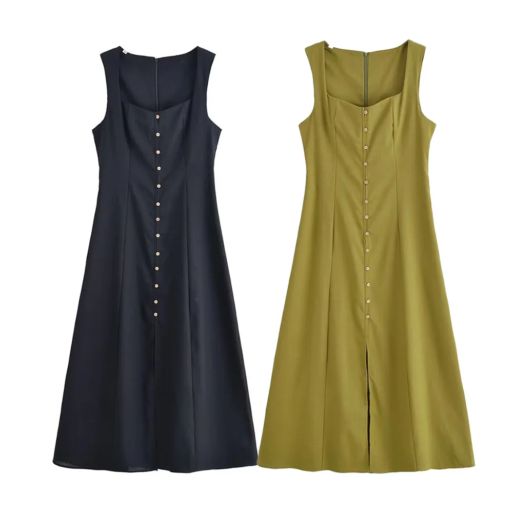 DiYiG Women 2025 spring new fashion simple vest sleeveless dress chic square collar Joker slim dress Vestidos Mujer