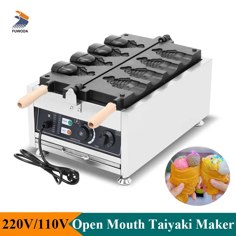 

Commercial 4pcs Open Mouth Taiyaki Making Machine Electric Ice Cream Taiyaki Maker Non-stick Coating Pan Snack Equipment